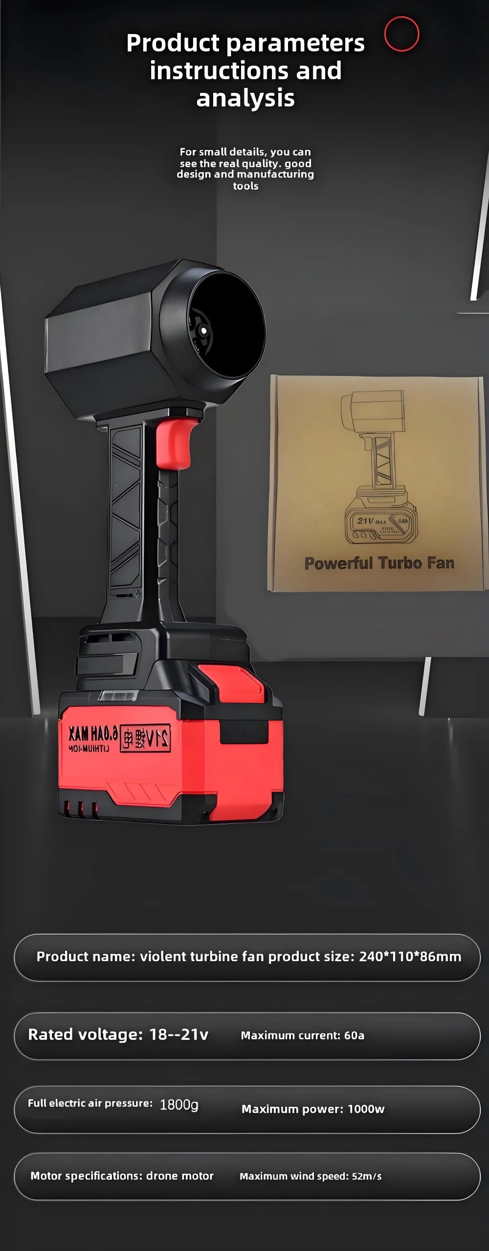 Turbo Jet Fan – 64mm Brushless Motor, 1800g Powerful Air Blower for Car Drying, Leaf & Snow Removal Fits Makita 18V/21V Battery