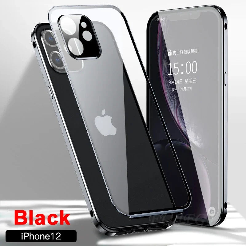 Chromacart 360 Double Sided Magnetic Adsorption Metal Case for iPhone 17 16 15 14 13 12  Pro Max Glass Cover Camera Lens Protector Film™