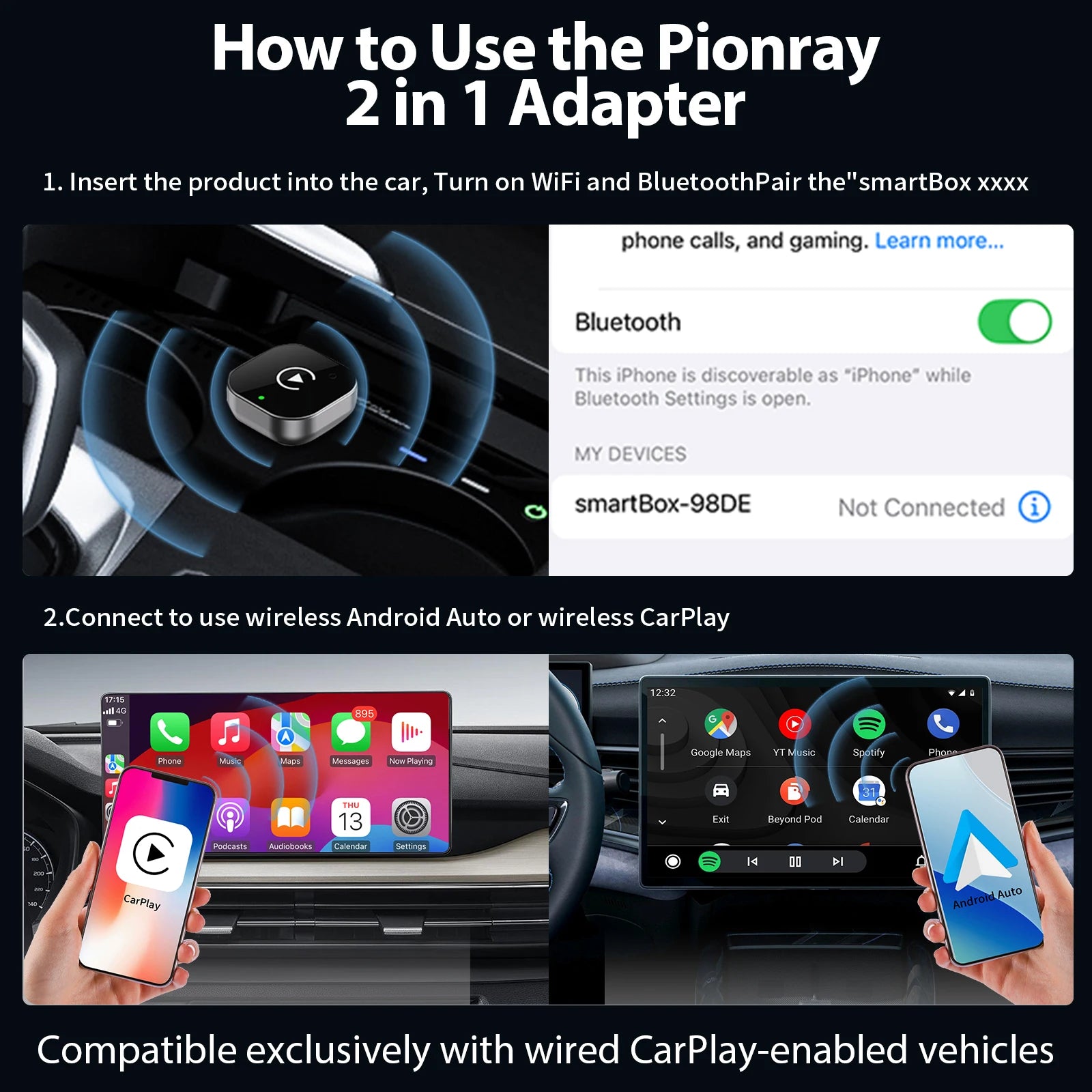Chromacart 2026 Pionray 2 in 1 Wireless CarPlay Adapter&Android Auto Wireless Adapter, 5Ghz WiFi Type-C/USB Plug Play CarPlay Wireless™