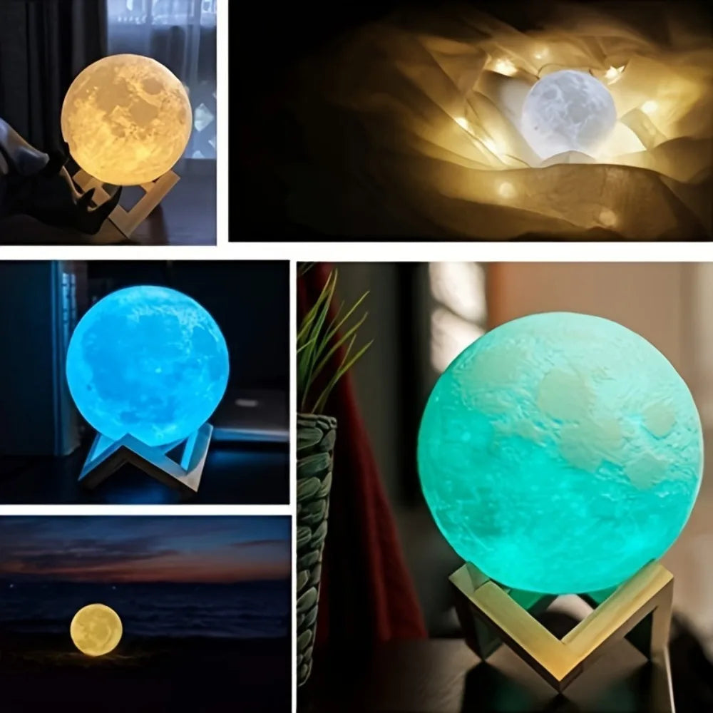 16 Colors 3D Printed Moon Lamp USB Plug LED Night Light with Wooden Stand Remote Control Adjustable Brightness Table Light