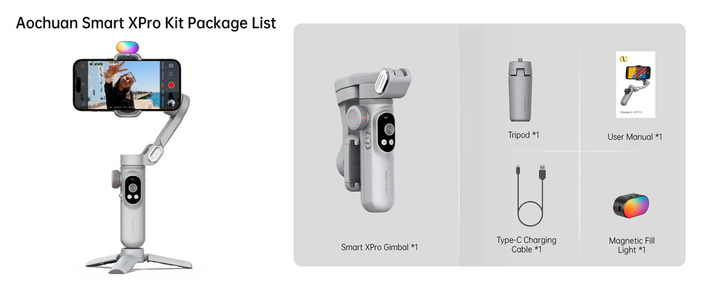 Chromacart Premium AOCHUAN Smart XPro 3 Axis Smartphone Gimbal Stabilizer For iphone And android Phone Stable shooting with RGB video fill light