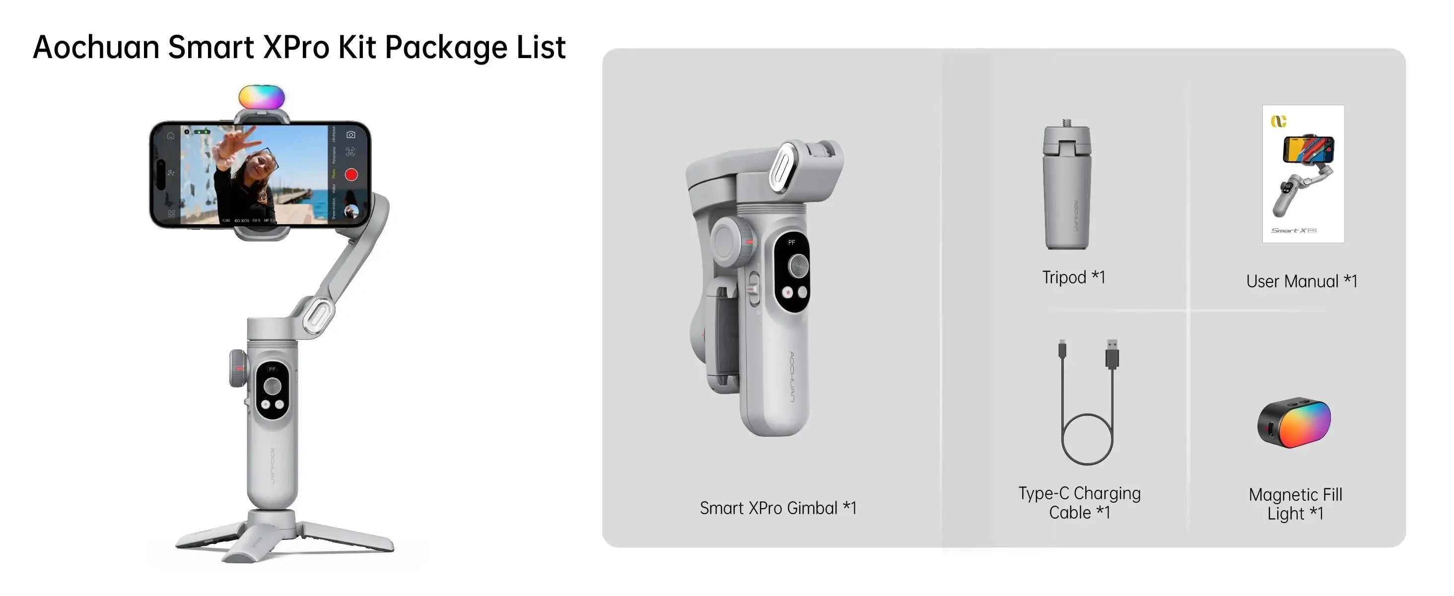 Chromacart Premium AOCHUAN Smart XPro 3 Axis Smartphone Gimbal Stabilizer For iphone And android Phone Stable shooting with RGB video fill light