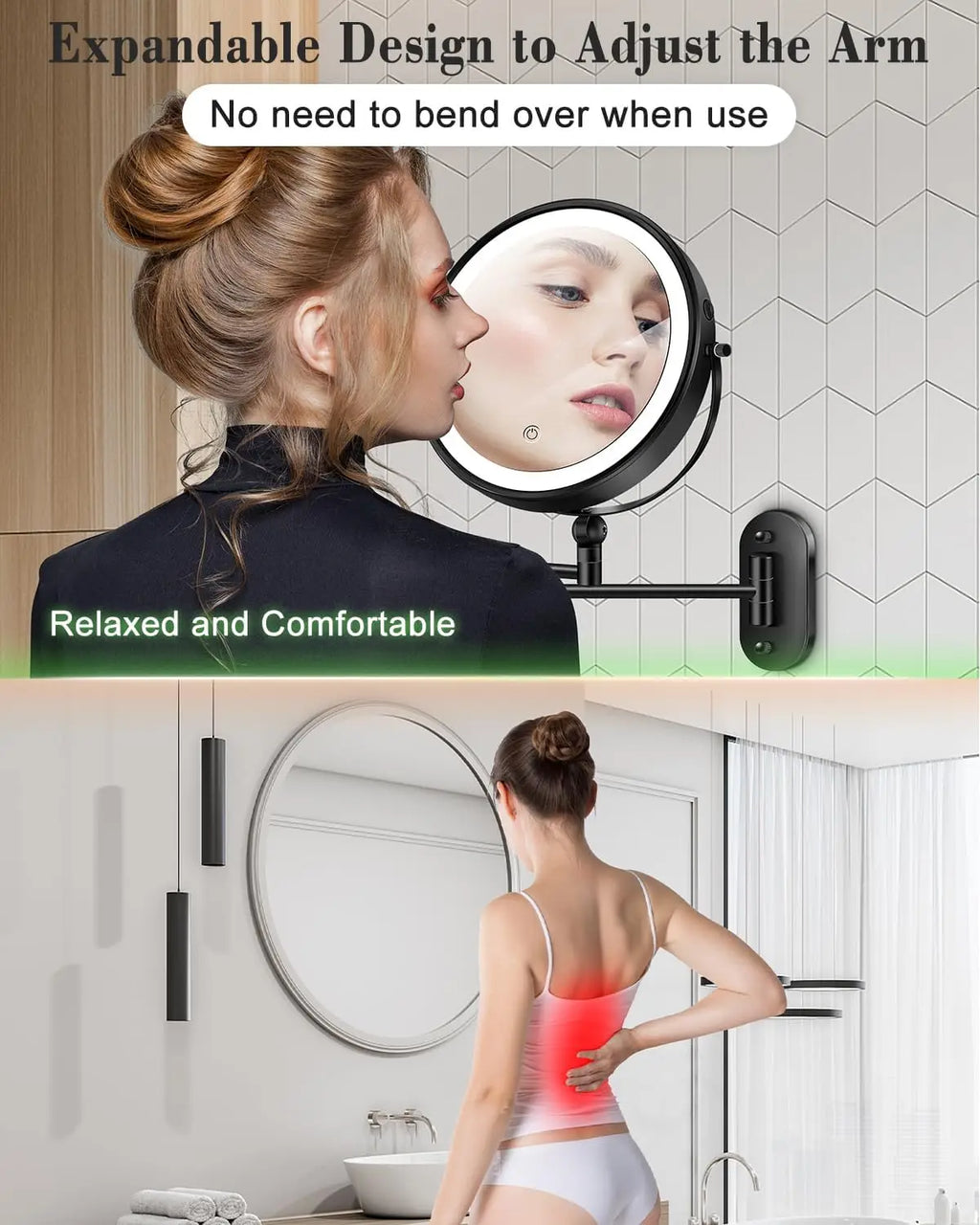 Wall Mounted Lighted Makeup Mirror9'' Height Adjustable Double Sided  Rechargeable Touch Dimmable Extended Arm 360 Rotation
