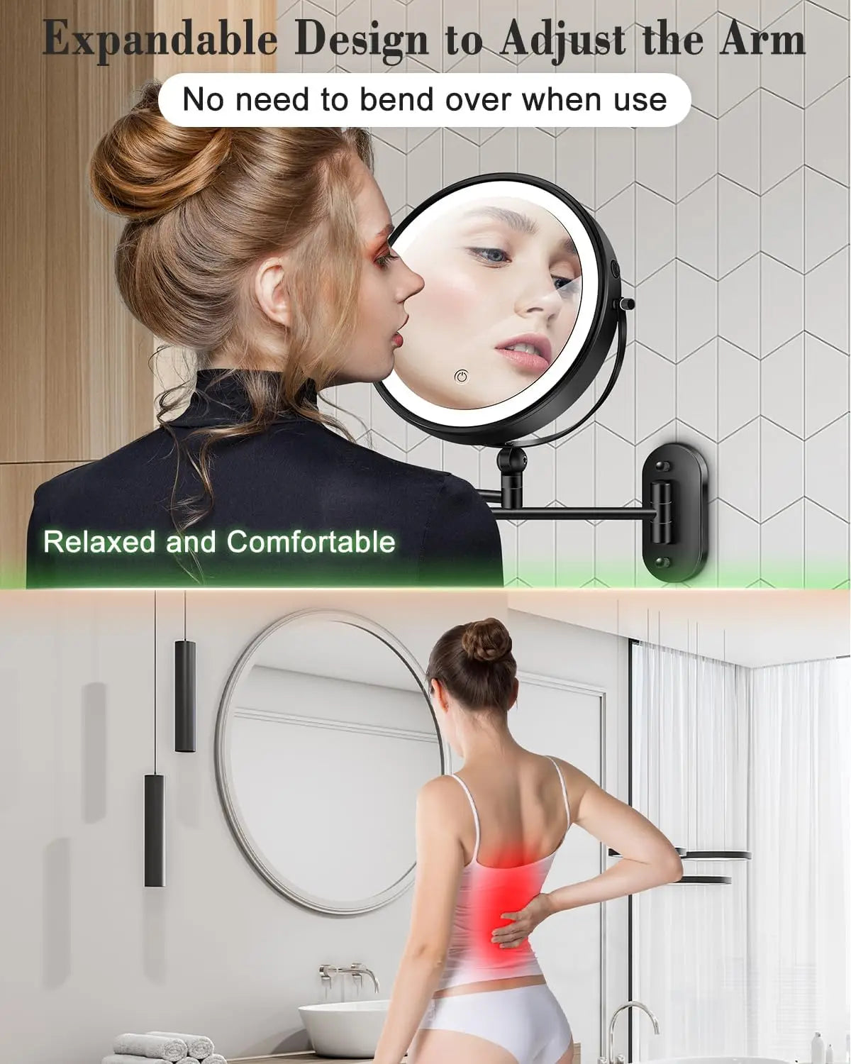 Wall Mounted Lighted Makeup Mirror9'' Height Adjustable Double Sided  Rechargeable Touch Dimmable Extended Arm 360 Rotation