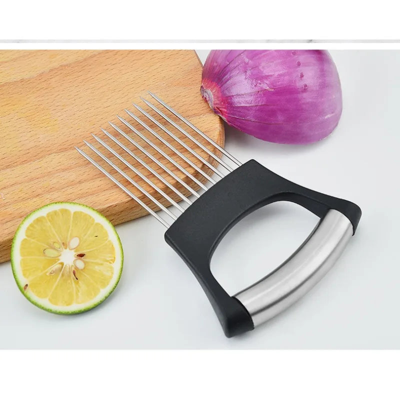 1pc Stainless Steel Onion Cutter Holder Food Slicers Assistant Tomato Onion Slicer Holder Vegetables Cutting Fork Kitchen Gadget