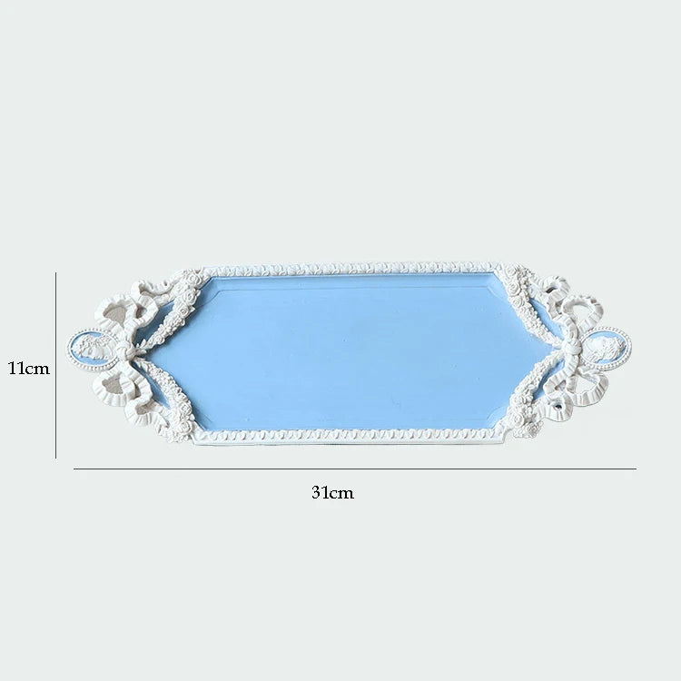 Resin Tray Baroque Elegant Dressing Table Jewelry Mirror Storage Display Tray Blue and White Embossed Ornaments Home Decor Gift