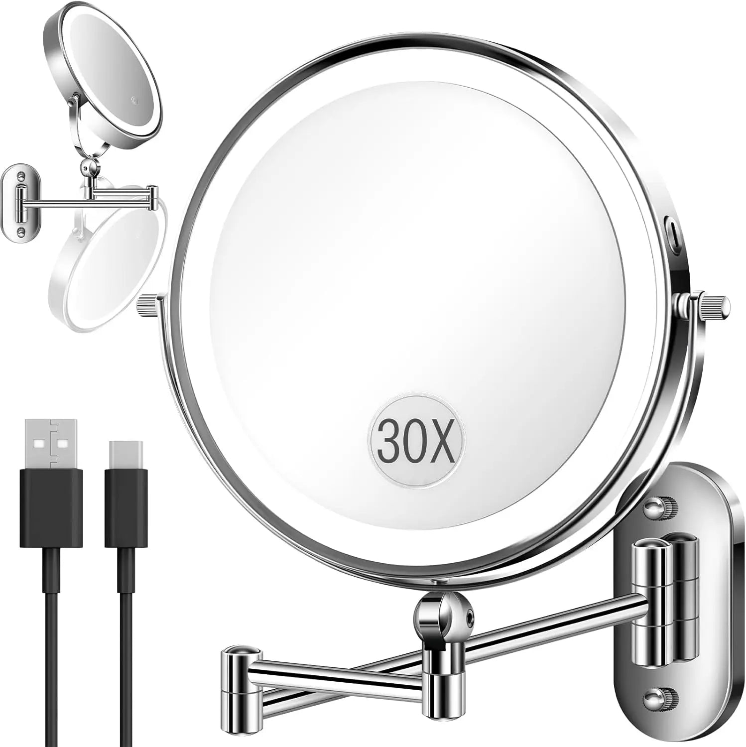 Wall Mounted Lighted Makeup Mirror9'' Height Adjustable Double Sided  Rechargeable Touch Dimmable Extended Arm 360 Rotation