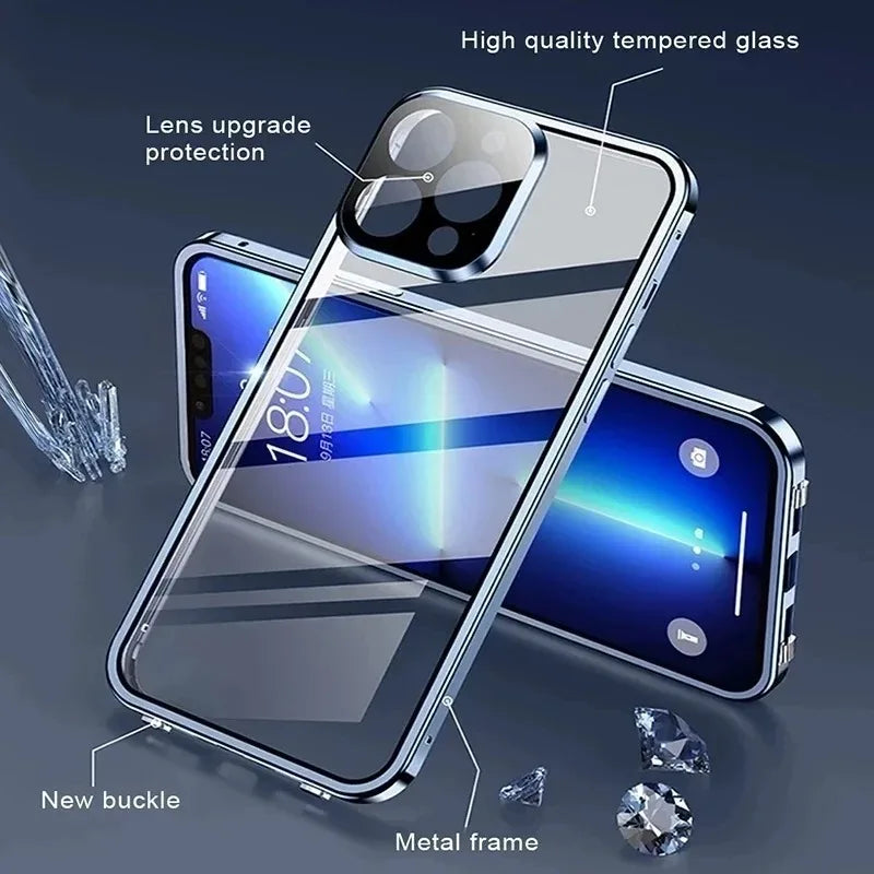 Chromacart 360 Double Sided Magnetic Adsorption Metal Case for iPhone 17 16 15 14 13 12  Pro Max Glass Cover Camera Lens Protector Film™