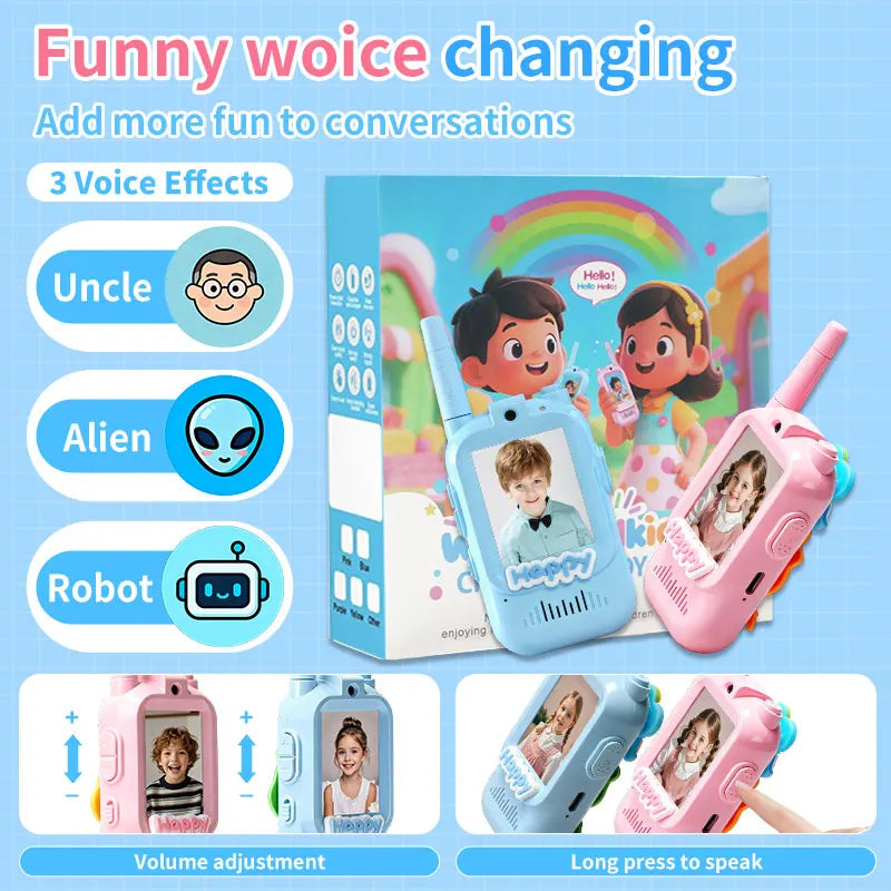 2 Pack Video Kids Walkie Talkie Rechargeable Toddler Toys with Voice Changer Children Indoor Outdoor Toys Camping Birthday Gifts