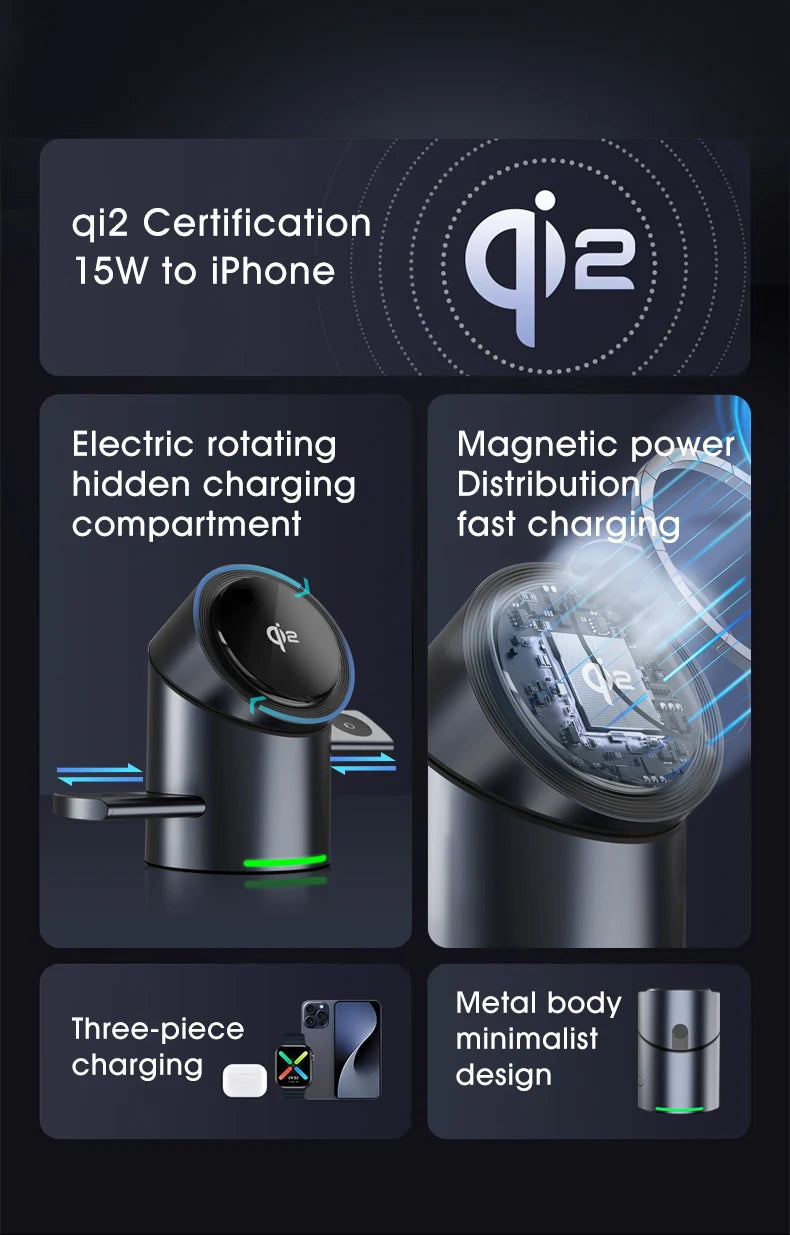 New Truly Qi2 3 In 1 Magsafe Magnetic Touch Button Wireless Charger For Android iPhone iWatch Airpods Fast Charging Dock Station