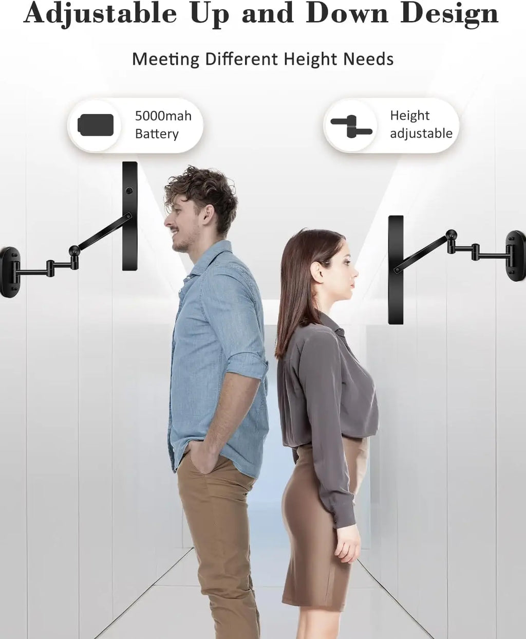 Wall Mounted Lighted Makeup Mirror9'' Height Adjustable Double Sided  Rechargeable Touch Dimmable Extended Arm 360 Rotation