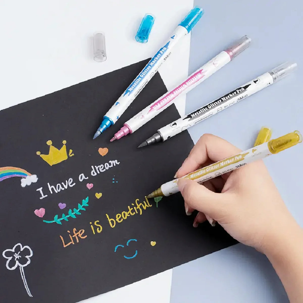 10pcs Metallic Dual Tip Marker Pens, with Brush And Fine nibs, For Album DIY, Black Cards, Scrapbooking, Craft Supplies