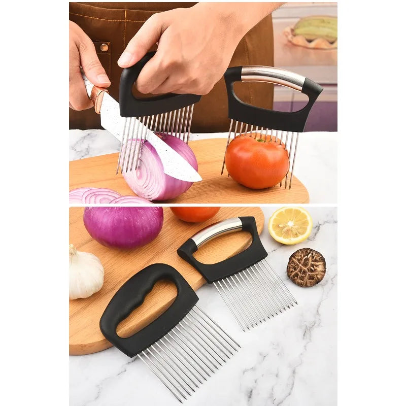 1pc Stainless Steel Onion Cutter Holder Food Slicers Assistant Tomato Onion Slicer Holder Vegetables Cutting Fork Kitchen Gadget