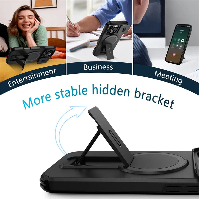 Chromacart For Magsafe Magnetic Wireless Charging Case For iPhone 16 15 14 13 12 11 Pro Max Plus 16e Armor Stand Slide Lens Protector Cover™