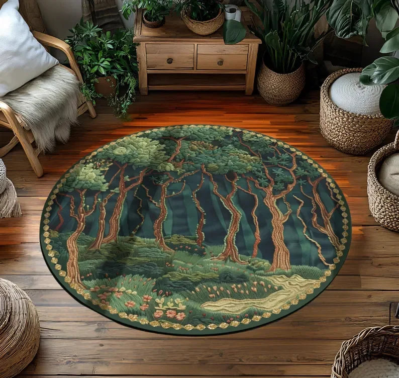 Crowcore Forest Round Raven Rug Bedroom Decor Morris Inspired Room Academia Style Mystical Woodland Birds Cottagecore Accent