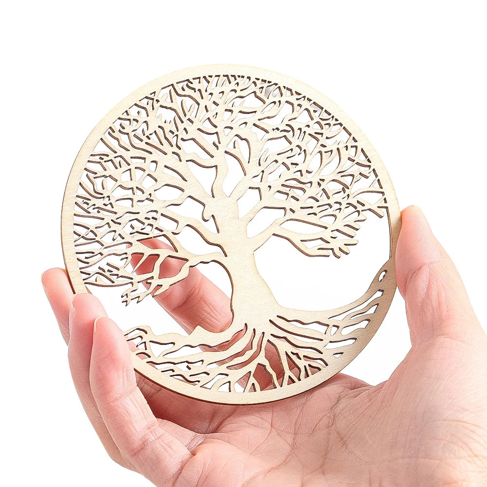 10cm Tree of Life Wooden Wall Art Round Hollow Decor Hanging Ornament Yoga Meditation Sacred Craft Home Decor Spiritual Coaster
