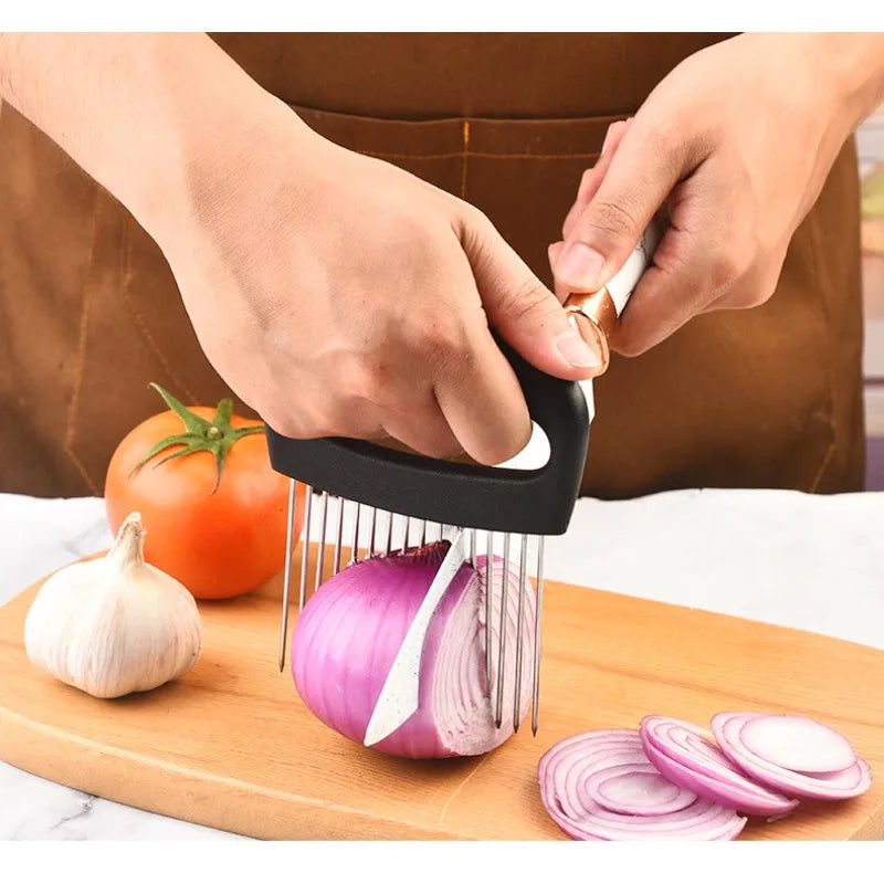 1pc Stainless Steel Onion Cutter Holder Food Slicers Assistant Tomato Onion Slicer Holder Vegetables Cutting Fork Kitchen Gadget