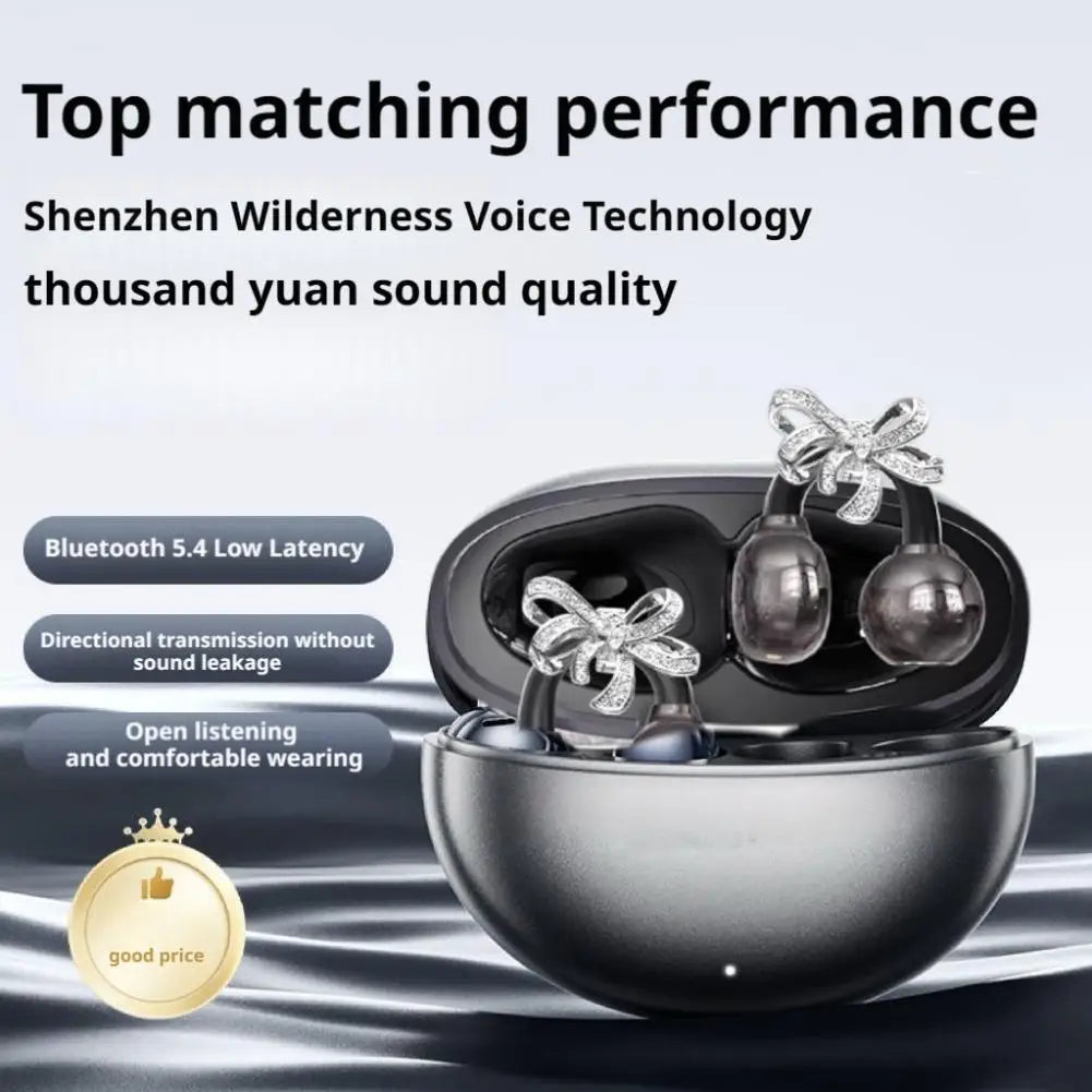 Bow Shaped Diamond Buckle Earrings Star Ring Open Ear Clip Ai Intelligent Long Range Waterproof Wireless Bluetooth Earphones