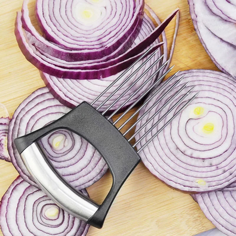 1pc Stainless Steel Onion Cutter Holder Food Slicers Assistant Tomato Onion Slicer Holder Vegetables Cutting Fork Kitchen Gadget