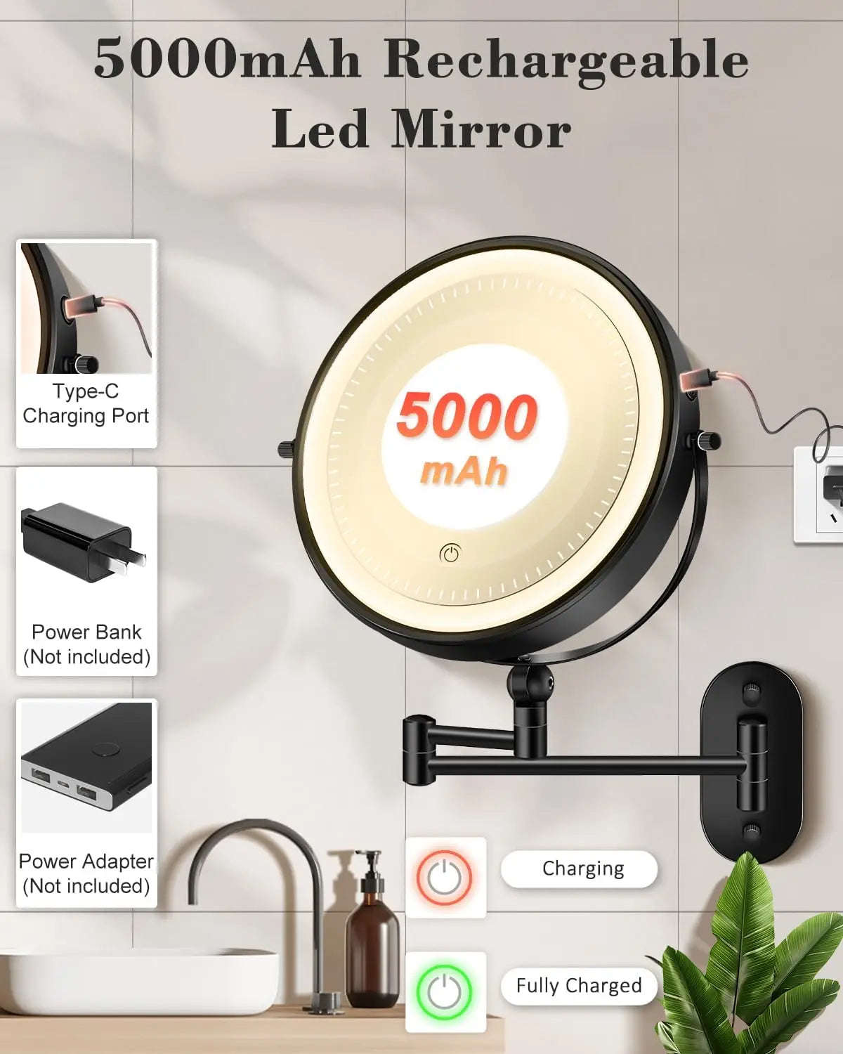 Wall Mounted Lighted Makeup Mirror9'' Height Adjustable Double Sided  Rechargeable Touch Dimmable Extended Arm 360 Rotation