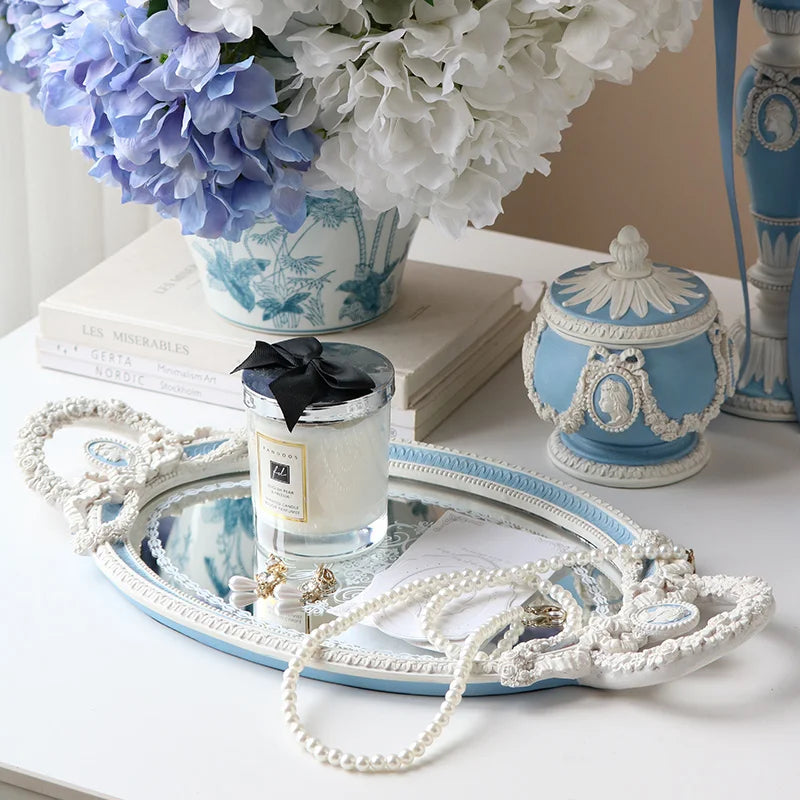 Resin Tray Baroque Elegant Dressing Table Jewelry Mirror Storage Display Tray Blue and White Embossed Ornaments Home Decor Gift