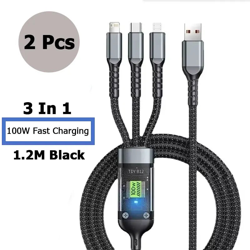 Chromacart 3 In 1 100w Transparent Fast Charging Cable Lightning Type C Micro USB For Iphone Samsung Huawei Xiaomi Tablet Charger Cables™
