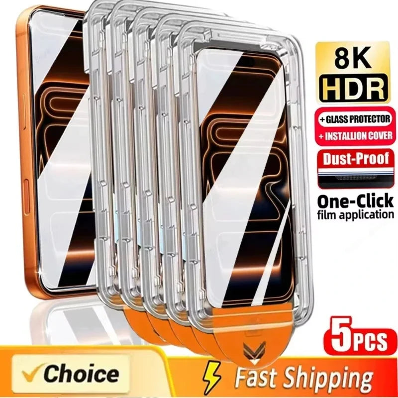 Chromacart Premium 1 5PCS 8K Easy Install Screen Protector For iPhone 17 Pro Max 16 13 11 15 14 Air 16e 12 Mini XR X Xs 7 8 Plus Tempered Glass