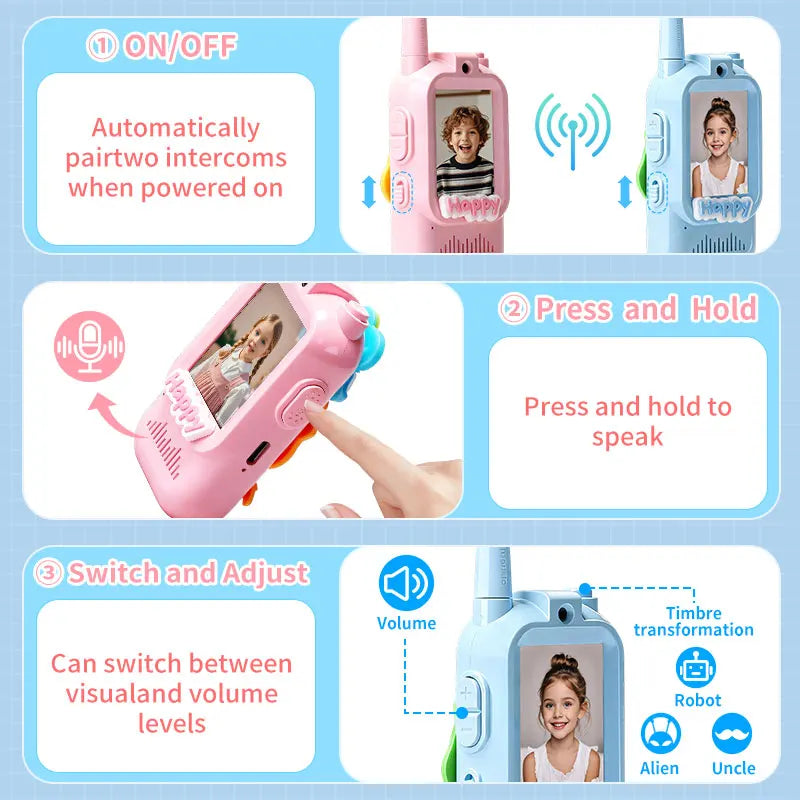 2 Pack Video Kids Walkie Talkie Rechargeable Toddler Toys with Voice Changer Children Indoor Outdoor Toys Camping Birthday Gifts