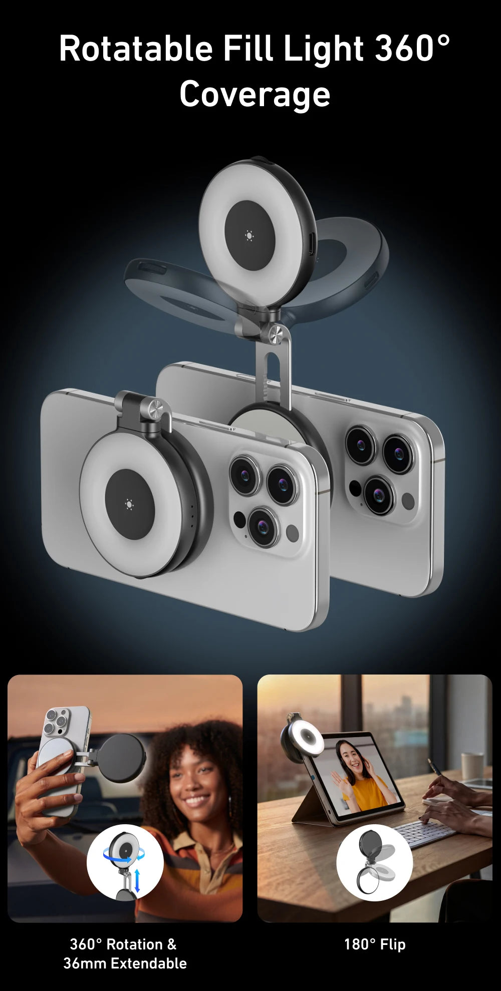 Chromacart Premium TELESIN Smartphone Magnetic Fill Light Mini Selfie Light 3 Modes Adjustable Brightness for Iphone XIAOMI HUAWEI SAMSUNG Phone