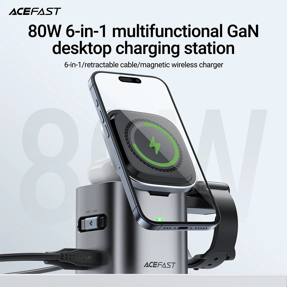 Chromacart ACEFAST 6 in 1 Multifunction 15W Magnetic Wireless Charging Station For iPhone 16 15 GaN PD65W Charging Cube USB C Fast Charging™