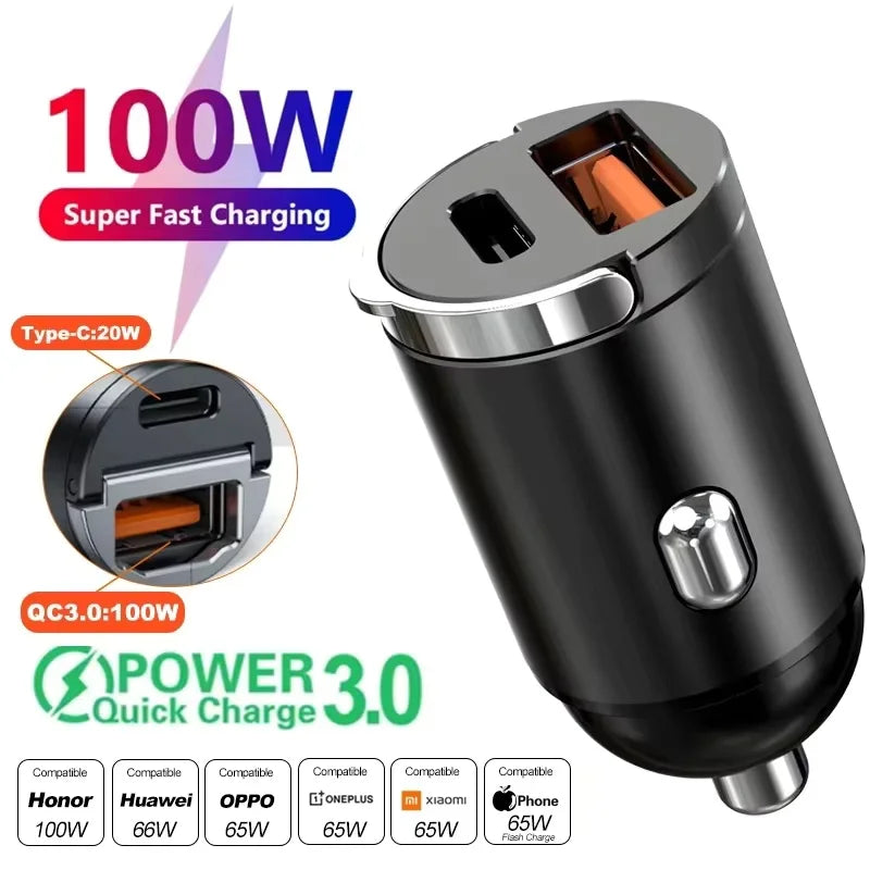 Chromacart 2025 Mini 100W PD QC Pull Ring Fast Charging Car Charger USB C Car Phone Charger Adapter For iPhone Xiaomi Samsung Huawei™
