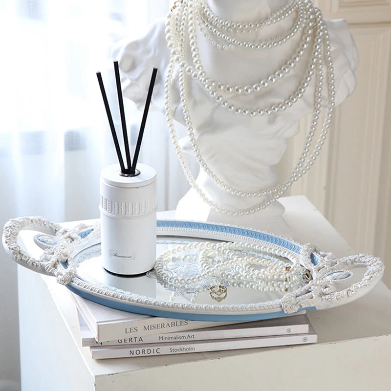 Resin Tray Baroque Elegant Dressing Table Jewelry Mirror Storage Display Tray Blue and White Embossed Ornaments Home Decor Gift