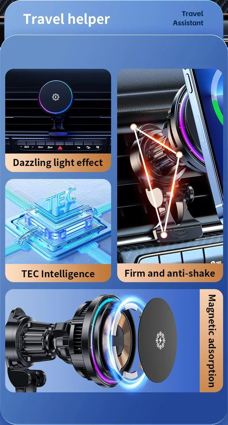 Chromacart Premium Ice Cooling Magnetic Wireless Car Charger Fast Charging Station for iPhone 16 15 14 13 12 Pro Max MacSafe Car Phone Holder Stand