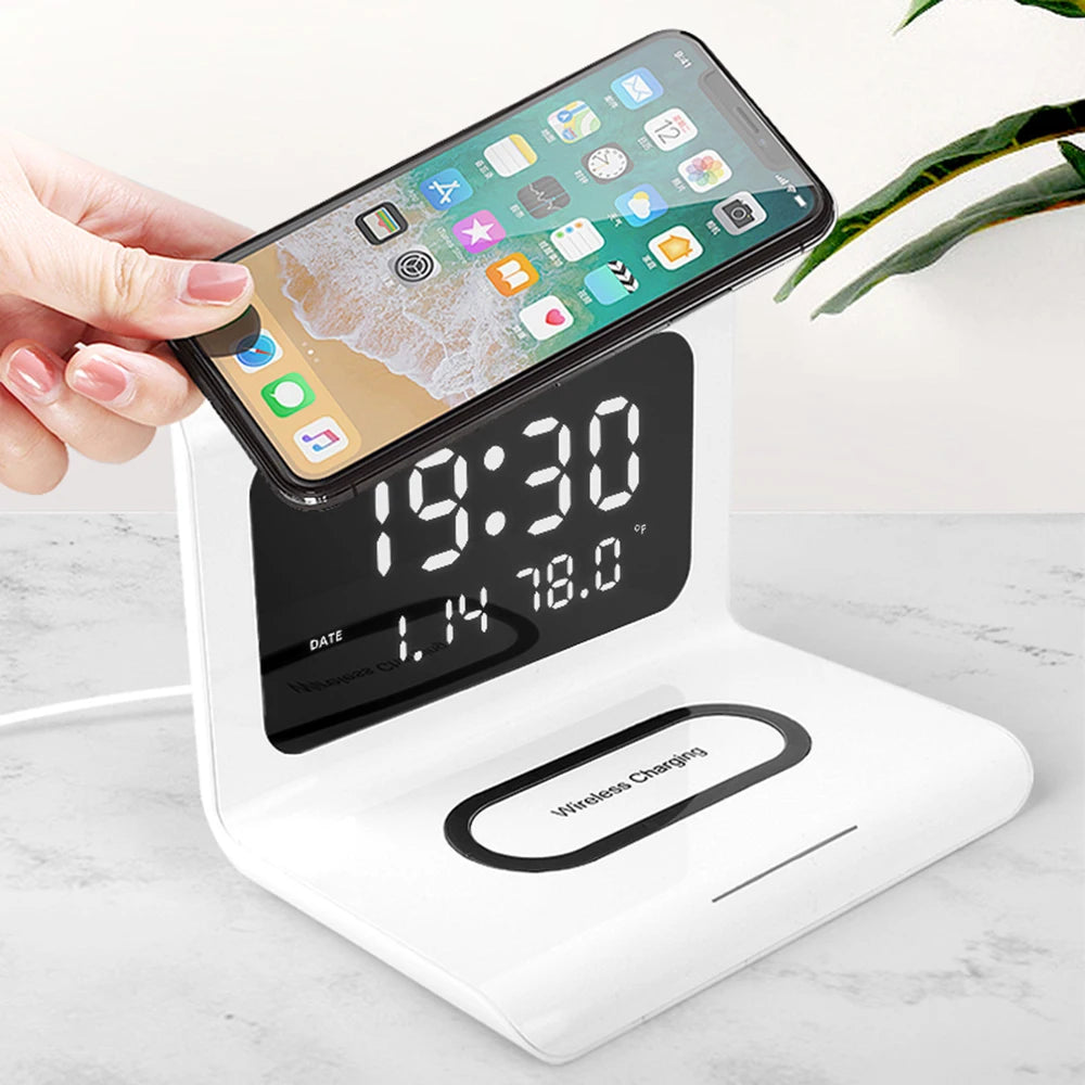 Chromacart Premium Wireless Charger Alarm Clock LED Smart Digital Clock Table Electronic Desktop Clocks with Temperature USB 10W Fast Charge Type C