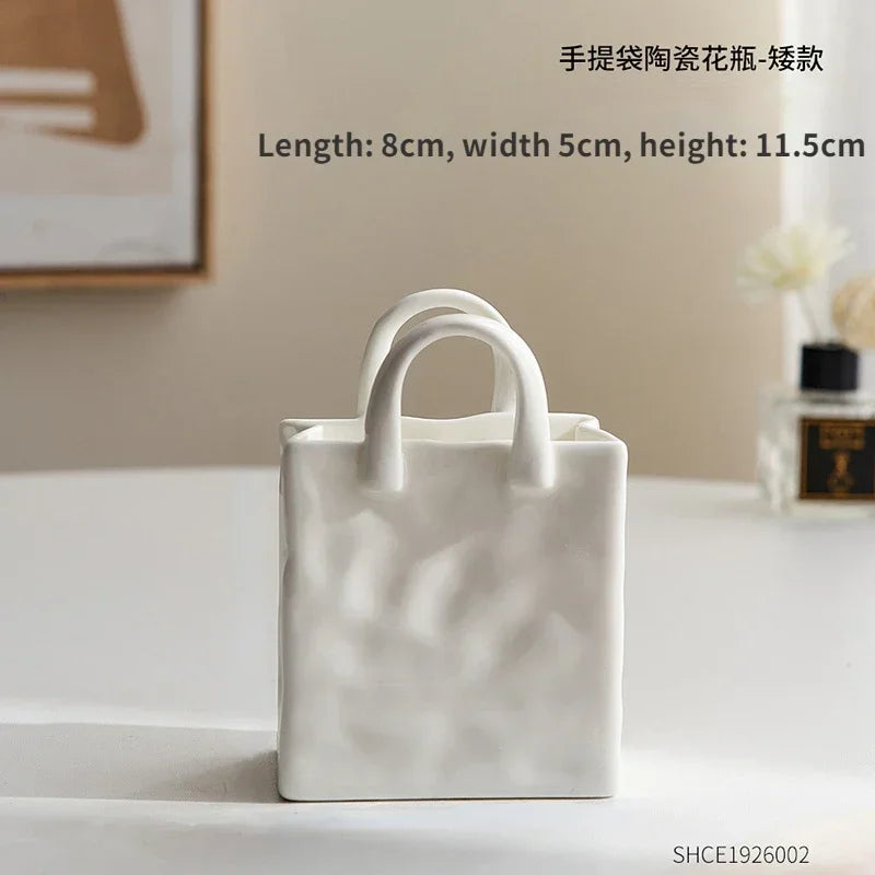 Nordic Handbag Shaped Ceramic Vase for Flowers Modern Decorative White Vase Home Decoration Dried Flower Arrangement Table Decor