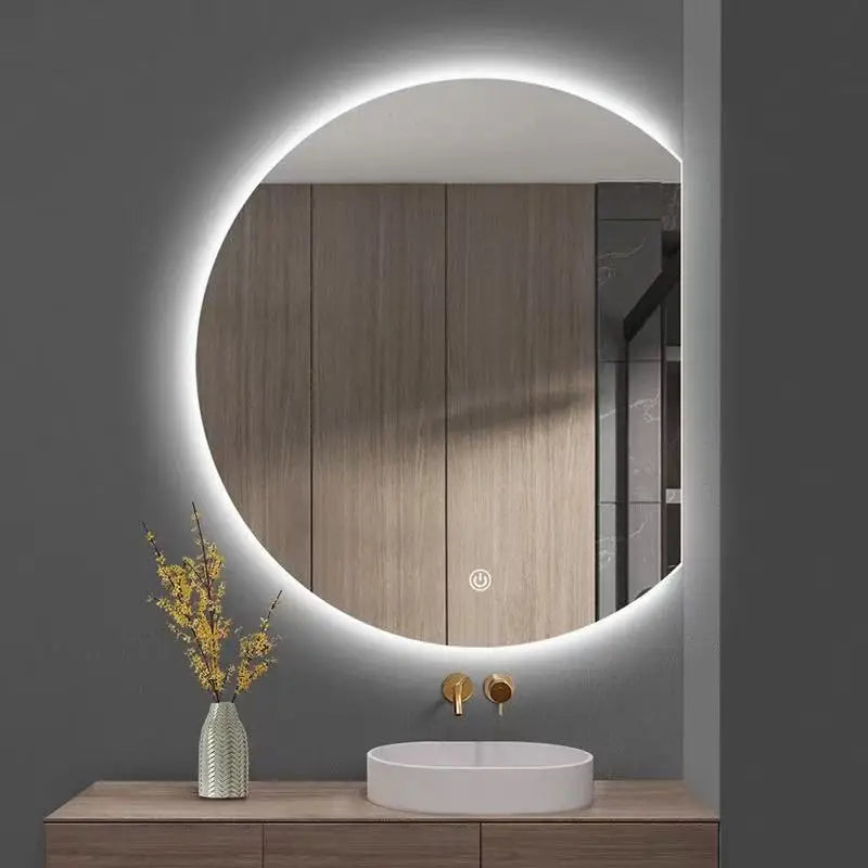 Modern LED Wall Mounted Semi-Circular Asymmetrical Mirror for Salon Hotel Bathroom Bedroom & Living Room Graphic Design Solution