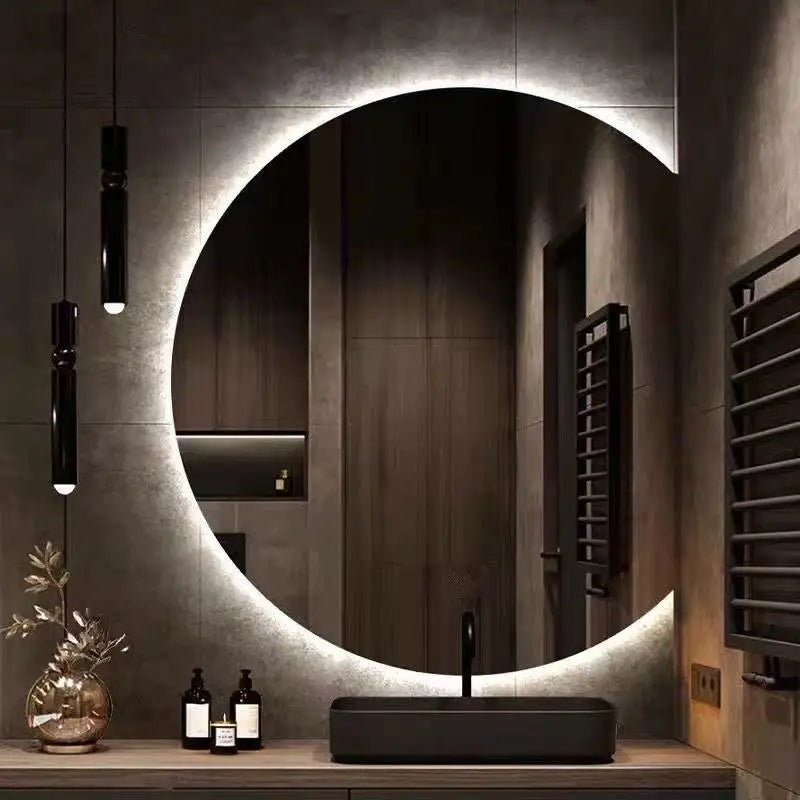 Modern LED Wall Mounted Semi-Circular Asymmetrical Mirror for Salon Hotel Bathroom Bedroom & Living Room Graphic Design Solution