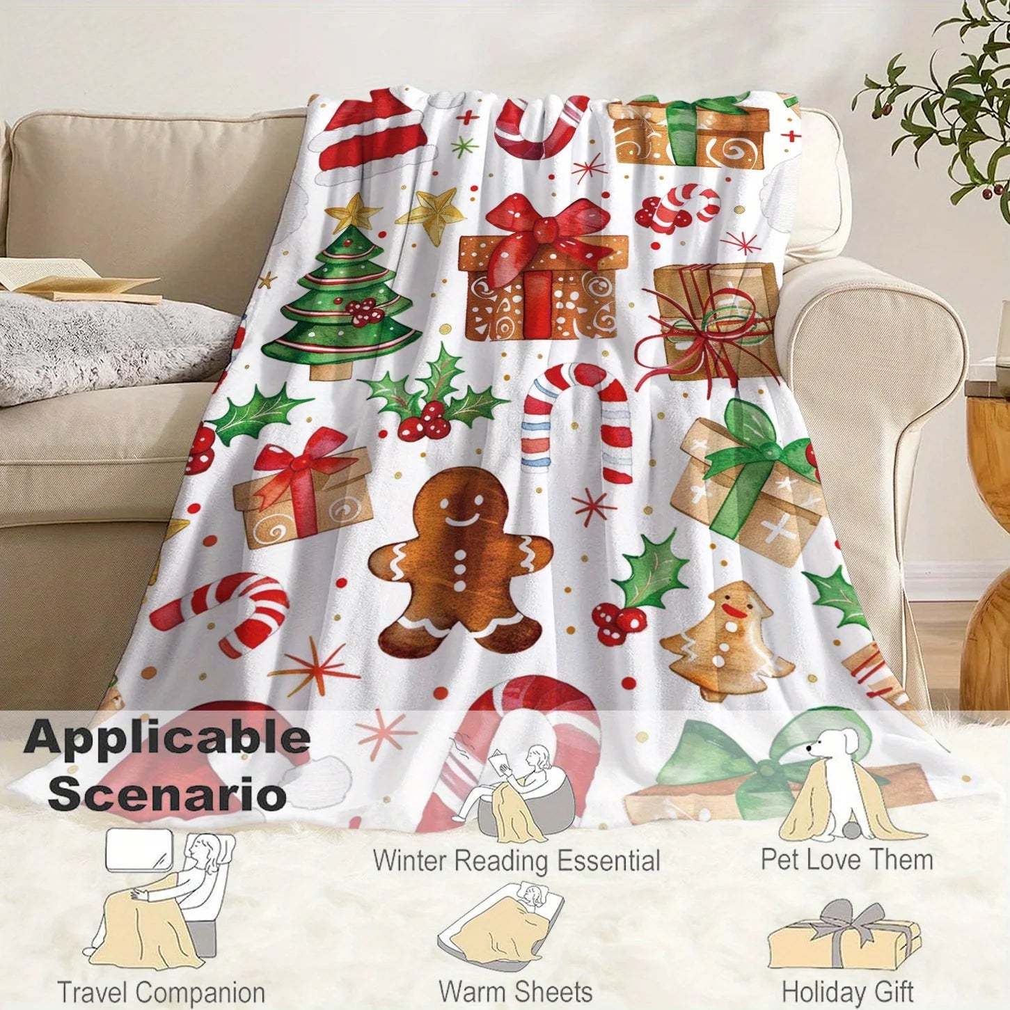 Christmas Themed Knitted Flannel Throw Blanket - 100% Polyester Soft and Comfortable Quilted Bedding, Sofa, Office, Gift