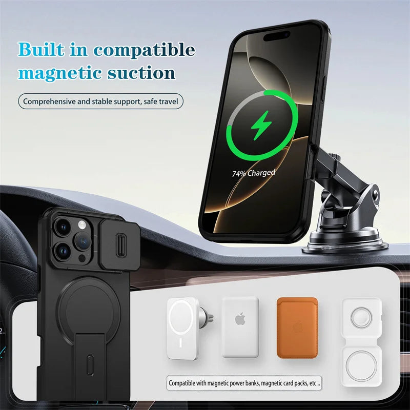 Chromacart For Magsafe Magnetic Wireless Charging Case For iPhone 16 15 14 13 12 11 Pro Max Plus 16e Armor Stand Slide Lens Protector Cover™
