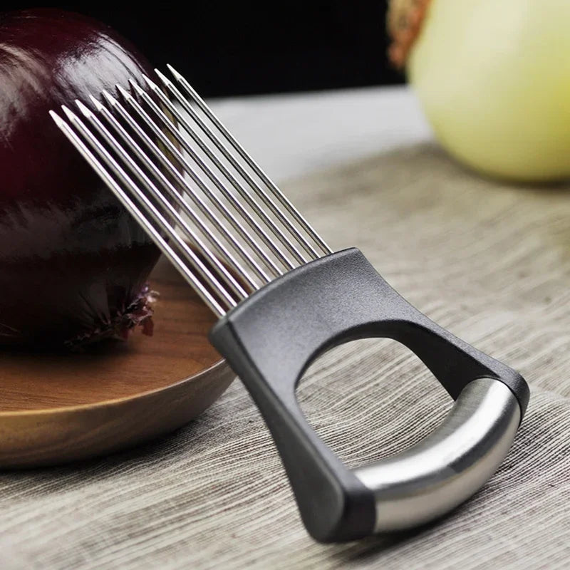 1pc Stainless Steel Onion Cutter Holder Food Slicers Assistant Tomato Onion Slicer Holder Vegetables Cutting Fork Kitchen Gadget