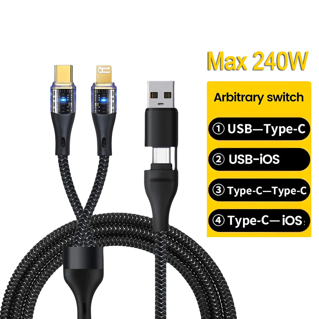 Chromacart 240W 2 in 2 Multi-function Mobile Phone Data Cable PD Fast Charge Cable Charger 4 in 1 for Samsung Huawei Xiaomi iPhone PD Cable™