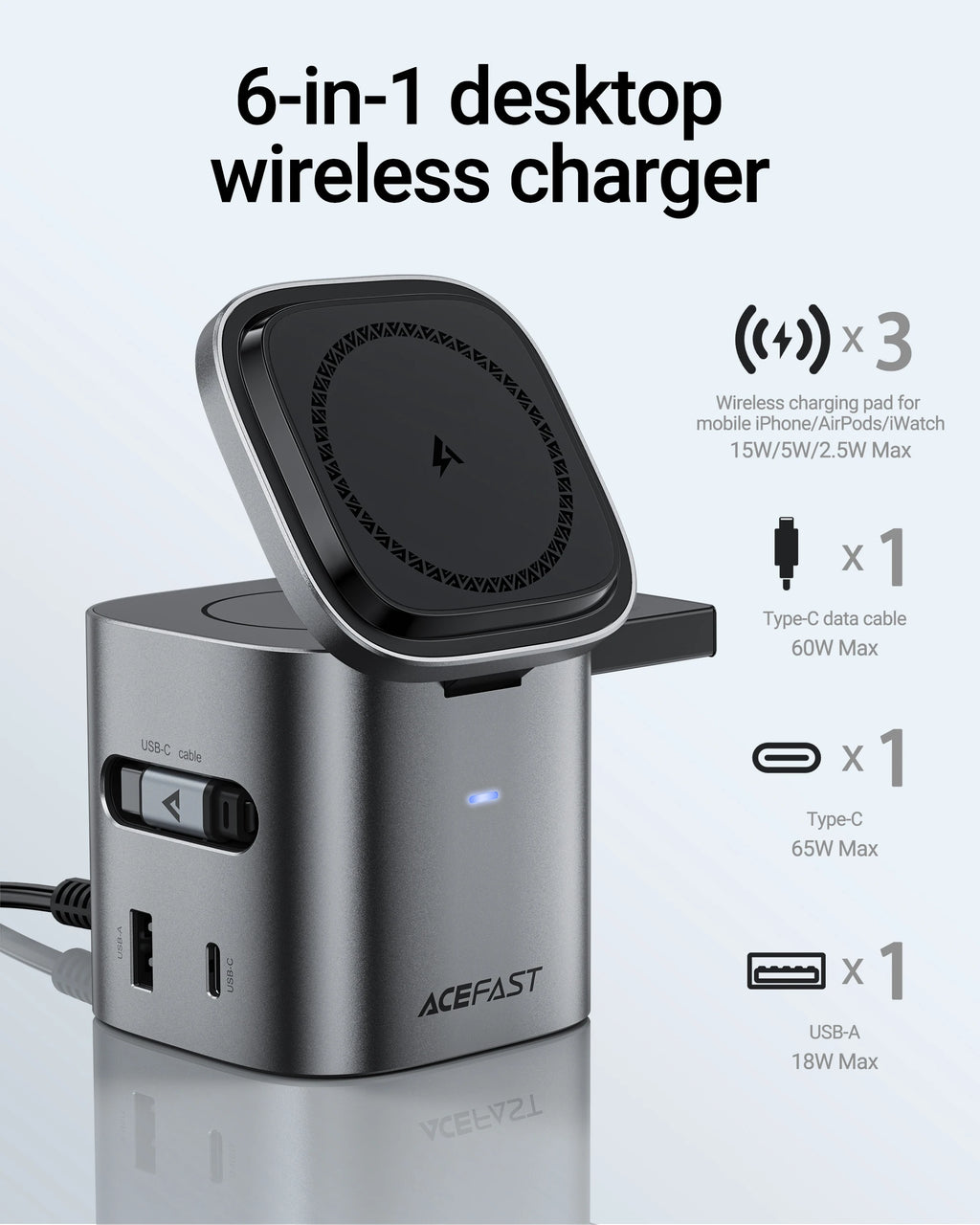 Chromacart ACEFAST 6 in 1 Multifunction 15W Magnetic Wireless Charging Station For iPhone 16 15 GaN PD65W Charging Cube USB C Fast Charging™