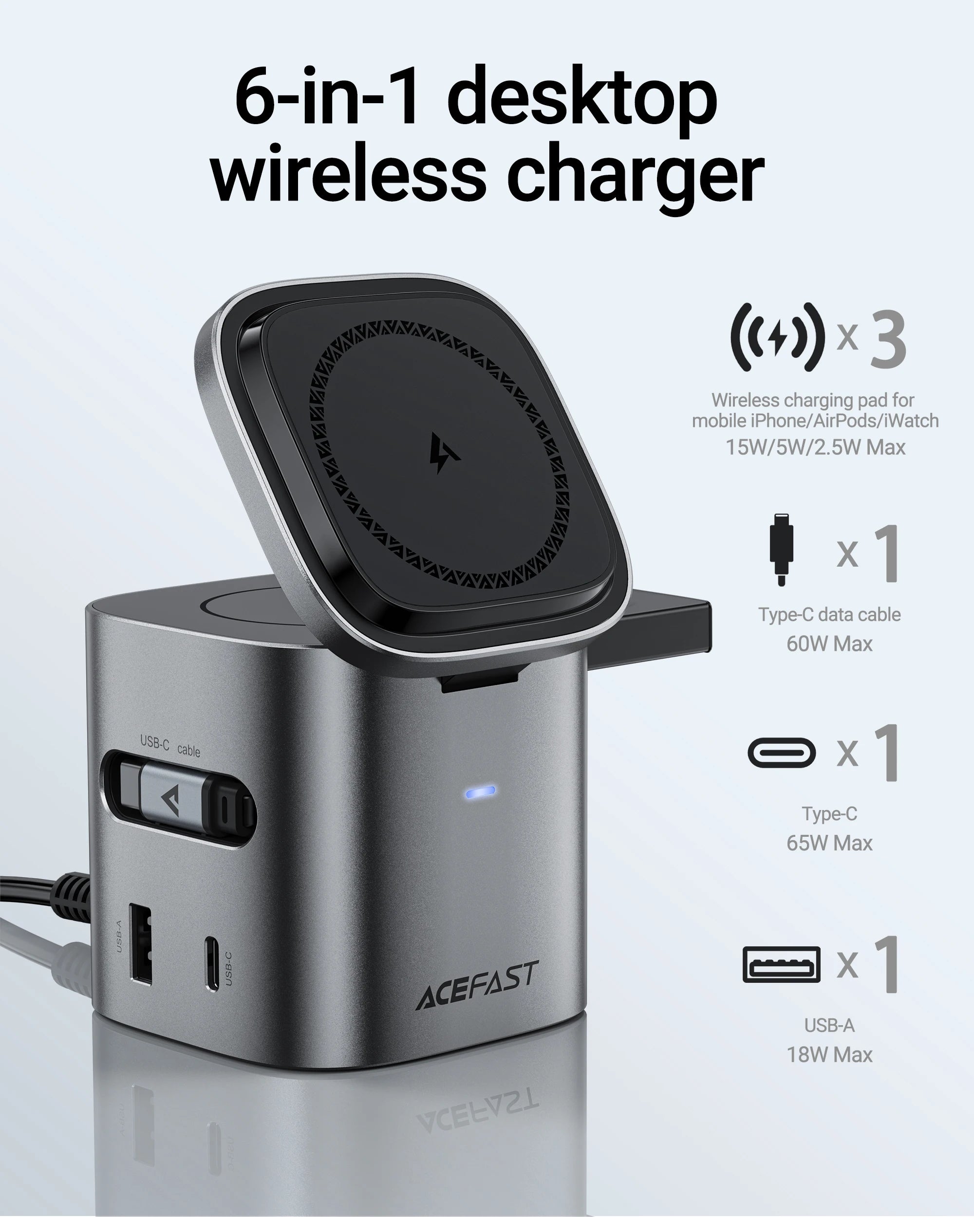 Chromacart ACEFAST 6 in 1 Multifunction 15W Magnetic Wireless Charging Station For iPhone 16 15 GaN PD65W Charging Cube USB C Fast Charging™