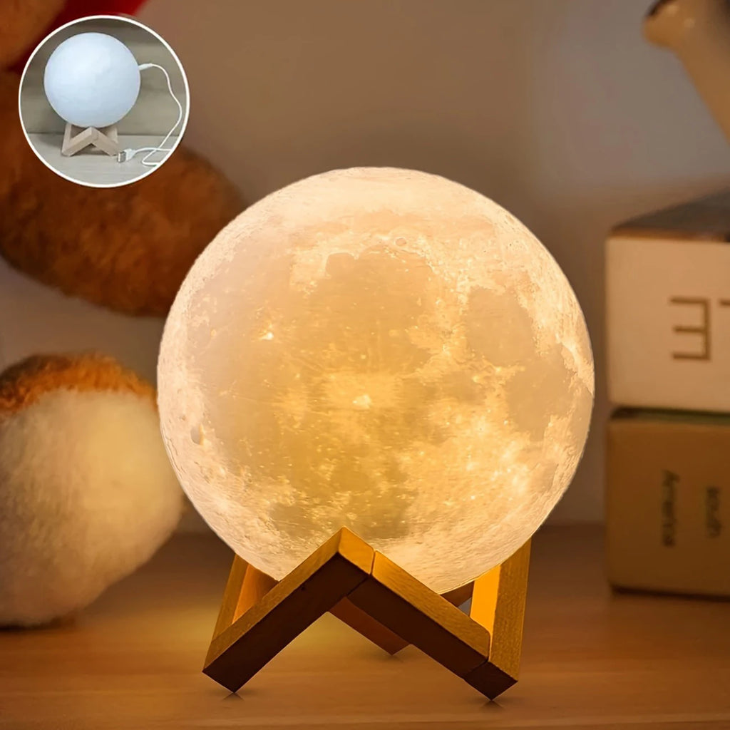 16 Colors 3D Printed Moon Lamp USB Plug LED Night Light with Wooden Stand Remote Control Adjustable Brightness Table Light
