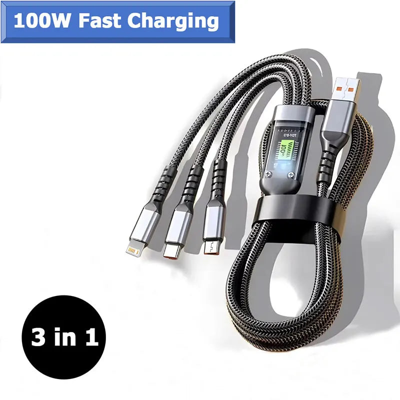 Chromacart 3 In 1 100w Transparent Fast Charging Cable Lightning Type C Micro USB For Iphone Samsung Huawei Xiaomi Tablet Charger Cables™