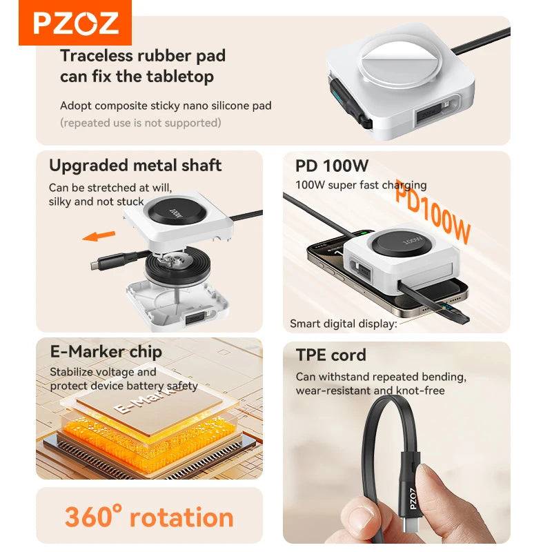Chromacart PZOZ Digital Display PD 100W C to C Retractable Cable USB to Type C Lightning Micro Fast Charging Cable Data Wire For iPhone 17™