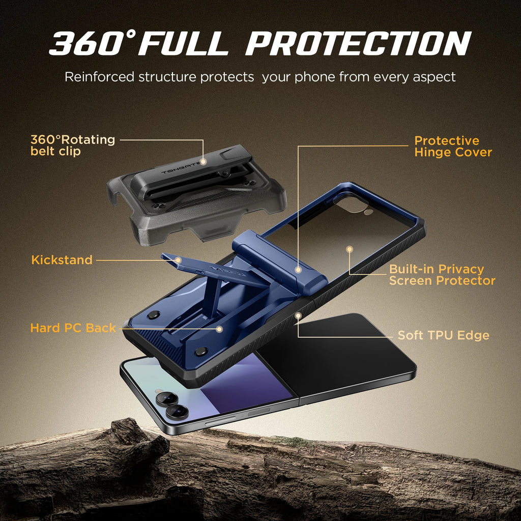 Chromacart For Galaxy Z Flip 7 Case with Kickstand & 360° Rotatable Belt-Clip Built-in Privacy Screen Protector Hinge Protection Phone Case™