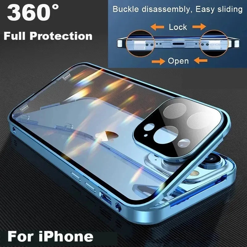 Chromacart 360 Double Sided Magnetic Adsorption Metal Case for iPhone 17 16 15 14 13 12  Pro Max Glass Cover Camera Lens Protector Film™