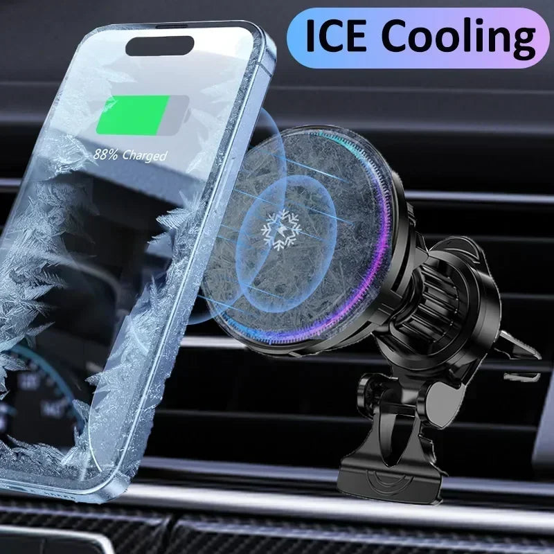 Chromacart Premium Ice Cooling Magnetic Wireless Car Charger Fast Charging Station for iPhone 16 15 14 13 12 Pro Max MacSafe Car Phone Holder Stand