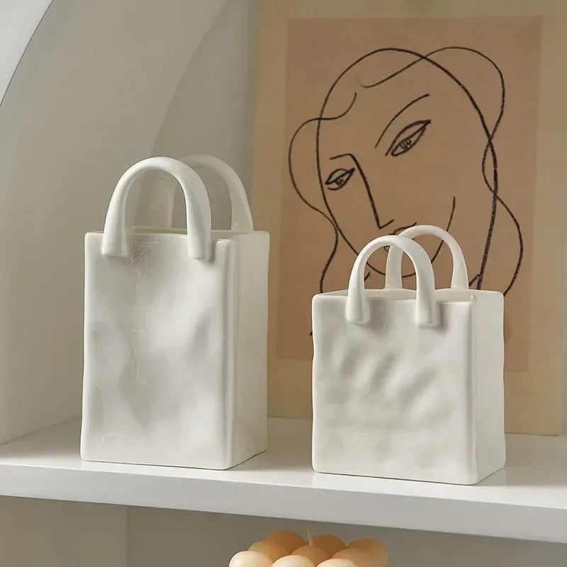 Nordic Handbag Shaped Ceramic Vase for Flowers Modern Decorative White Vase Home Decoration Dried Flower Arrangement Table Decor